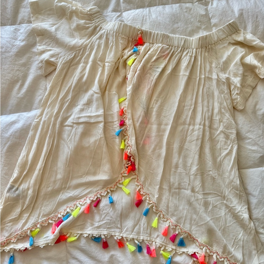 Boho Cream Top with Colorful Tassels
